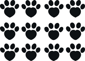 A set of nine simple, black paw print silhouettes, each featuring a small heart shape inside.