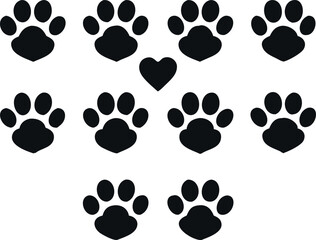 A set of nine simple, black paw print silhouettes, each featuring a small heart shape inside.