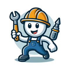 Fototapeta premium Vector Cartoon Construction Worker Mascot in Bright Outfit Waving for Sticker Banner Logo Poster Web App and Design Print Asset for Architecture Industry
