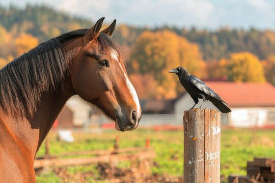 A horse watches a crow, capturing a unique animal interaction in a vivid, high-resolution image.