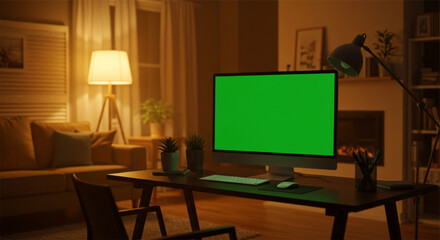 Home office workspace at night with computer monitor