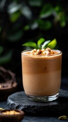 A close-up of a creamy drink in a glass, topped with crushed nuts and garnished with a small leaf. The dark background and soft lighting highlight the rich texture and luxurious appearance of the beve