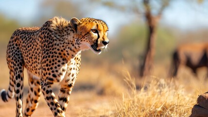 Naklejka premium Vintage cheetah walking in the savanna, showcasing wild animals in a stunning gigapixel image.