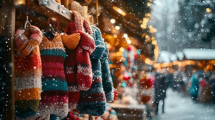 A winter market stall with hand-knit mittens and scarves hanging from a wooden rack, with falling snow, twinkling lights, and a cheerful vendor in the background.