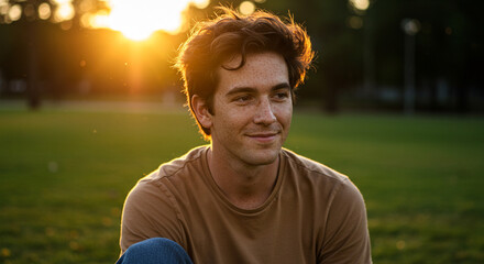 Portrait of a pensive young man with freckles sitting in a park at sunset, bathed in golden light enjoying a moment of introspection and calmness