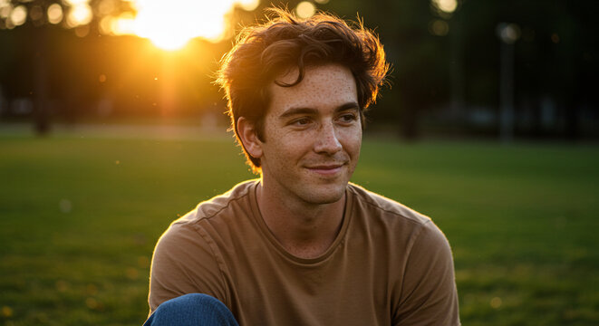 Portrait of a pensive young man with freckles sitting in a park at sunset, bathed in golden light enjoying a moment of introspection and calmness