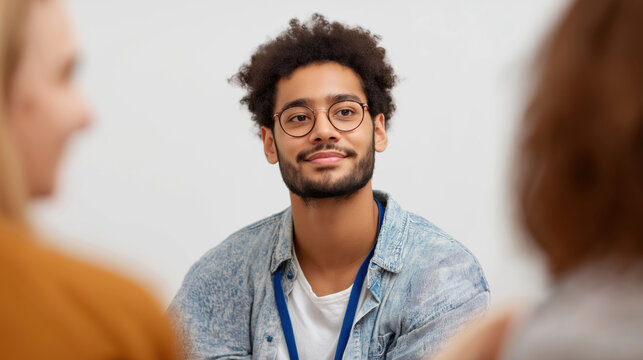 Young man intern listening carefully during casual feedback session with colleagues - Powered by Adobe