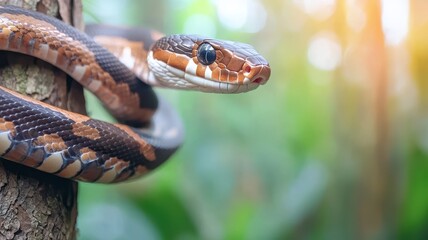 Obraz premium Artistic depiction of a coiled snake in a rainforest setting featuring wild animals.