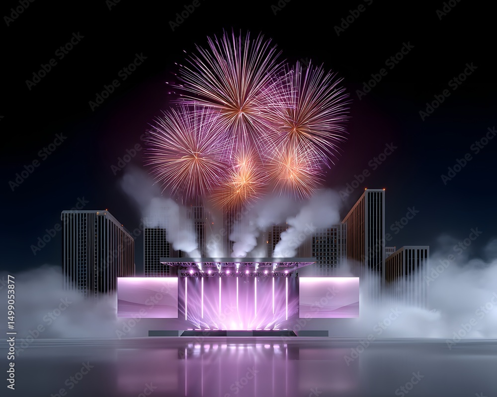 Poster tech-driven street festival in a futuristic city, massive led screens displaying synchronized light 
