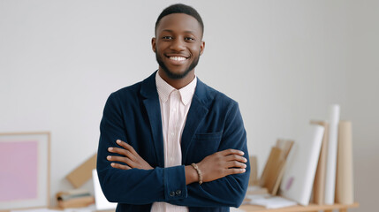 Smiling office worker standing with arms crossed in modern workspace with casual style