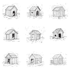 Wooden doghouse illustration, rustic shelter design pet home architecture, Simple wooden doghouse silhouette
