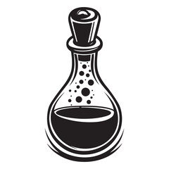 Hand Drawn Illustration of a Potion Bottle with Stopper and Liquid, Potion Bottle Illustration with Bubbling Liquid