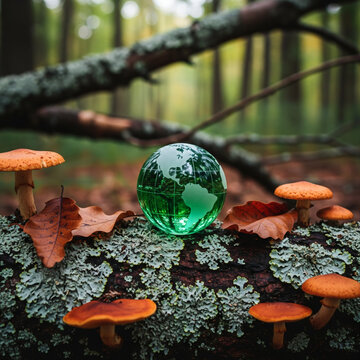 Globe de verre lumineux sur un tronc d'arbre avec du lichen