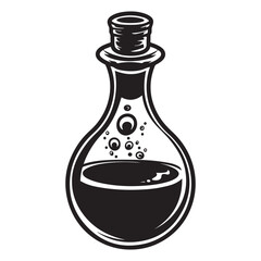 Hand Drawn Illustration of a Potion Bottle with Stopper and Liquid, Potion Bottle Illustration with Bubbling Liquid