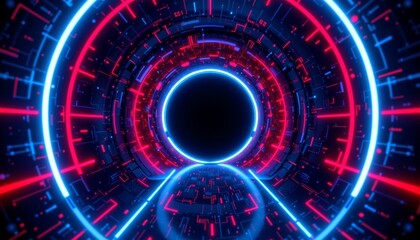 Obraz premium a digital art piece featuring a futuristic corridor with bright lights in hues of red and blue, set within a dark, geometric environment with lines of light converging towards a central point