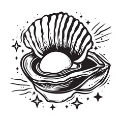 Black pearl in an open seashell line art design on white background, luxury ocean treasure concept
