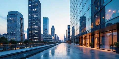 Sleek, modern glass and steel metro office building reflecting the city skyline  Ideal for urban development, architecture, and real estate marketing  High-rise, contemporary design ,  urban,  glass