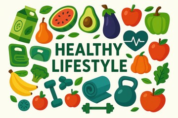 Healthy lifestyle concept with fruits, vegetables, exercise and wellness icons