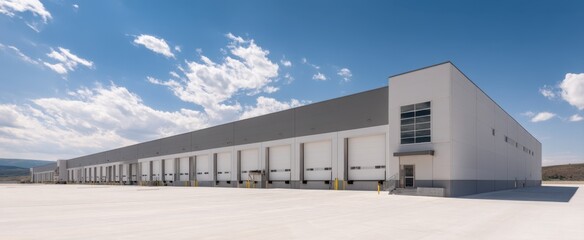 The modern warehouse exterior under a bright blue sky with clouds.