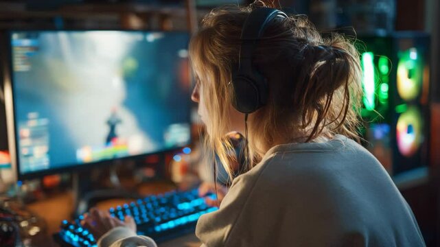  Caucasian woman gamer girl focusing playing game on  computer at cozy room game den
