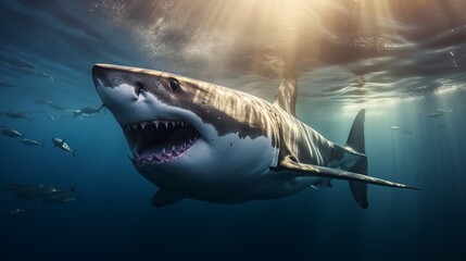 Obraz premium A powerful great white shark swimming just below the surface, sunlight filtering through the deep blue water 