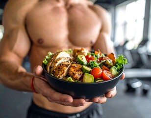 Close up of a muscular person holding a healthy salad bowl with grilled chicken and vegetables in a gym setting. Focus on food in a black bowl