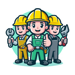 Modern Worker Mascot Design with Cartoon Style Featuring Construction Helmet and Toolbox for Digital Print Design Banner Advertising and Engineering Themed Branding Elements