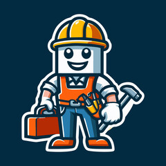 Clean Builder Mascot Character in Protective Vest and Helmet with Confident Pose Holding Hamer for Corporate Identity Logo App UI UX Web and Business Marketing Usage