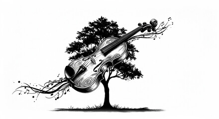 Whimsical composition featuring a violin juxtaposed with a tree silhouette and floating musical notes on a minimalist white backdrop