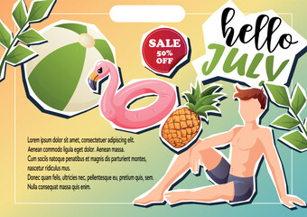 A bright vector collage banner with Hello July text, summer stickers, a flamingo, pineapple, and a boy. Perfect for promo materials and seasonal sales.
