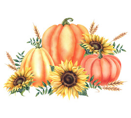 Pumpkins and sunflowers in watercolor for harvest festival greeting cards or Thanksgiving invitations. A hand-drawn illustration of autumn leaves, autumn plants and branches on an isolated background.