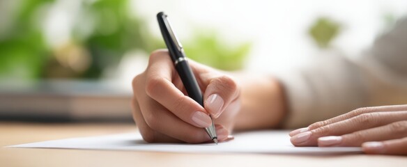 The hand writing with a pen on a piece of paper in a calm workspace.
