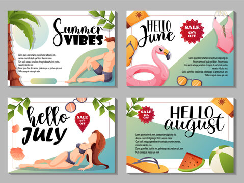 Horizontal set of 4 vector banners themed around Summer Vibes, Hello June, Hello July, and Hello August. Features characters, discounts, and beach visuals.
