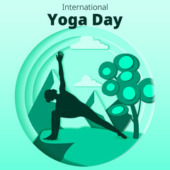 International Yoga Day. Square template. Parshvakonasana pose. Side Angle pose. Paper cut design. Isolated vector illustration