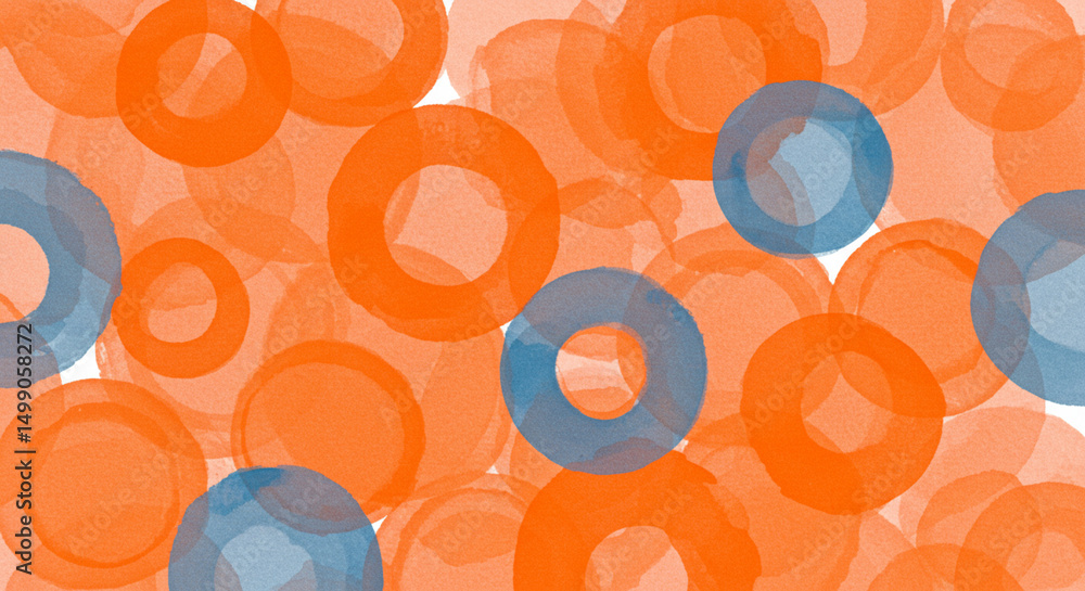 Poster whimsical watercolor circles pattern with vibrant orange and serene blue hues, creating a playful an
