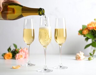 Three champagne flutes filled with bubbles sit on a white surface one being poured from a golden bottle while orange flowers in the background add festive flair.
