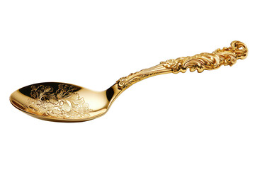 Intricately engraved floral gold spoon with decorative handle used for luxury dining settings isolated on a transparent background