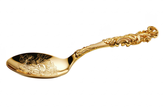 Intricately engraved floral gold spoon with decorative handle used for luxury dining settings isolated on a transparent background