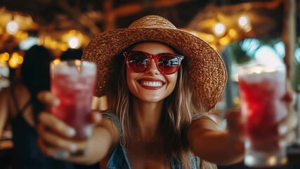 young Mexican woman holding tossing a glass of refreshing cocktail at bar, Mexican festival and holiday theme