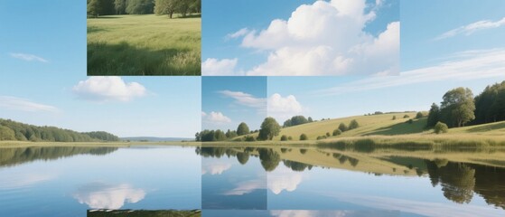 A serene landscape featuring a calm lake reflecting the sky and surrounding greenery