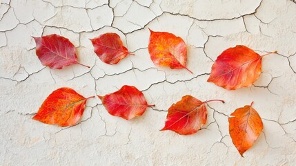 Fototapeta premium Colorful Autumn Leaves on Cracked Wall Background in Natural Light