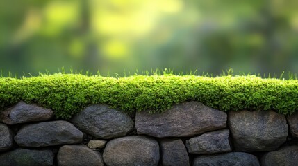 A lush patch of moss on an old stone wall, close up, realistic, overlay, forest ruins backdrop