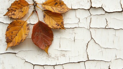 Autumn Leaves on Weathered White Wooden Background Texture
