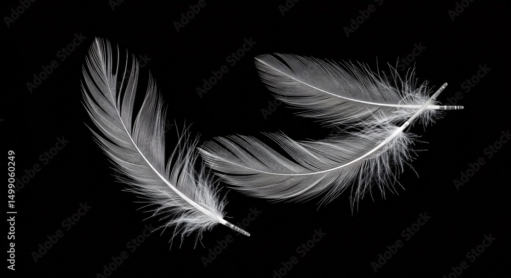 Aufkleber three delicate white feathers floating gently against a stark black background creating a minimalist
