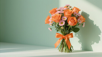 Obraz premium Elegant orange rose bouquet with delicate pink flowers tied with a vibrant ribbon against a soft green backdrop