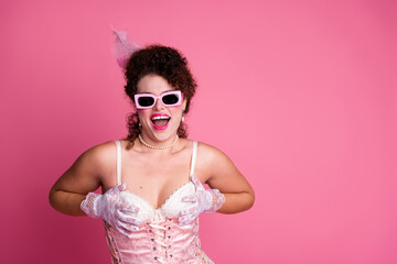 A humorous portrait of a young woman in a vintage corset and gloves, embodying a playful contrast between historical and modern fashion