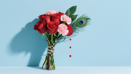 Fototapeta premium Elegant Red and Pink Rose Bouquet with Peacock Feather and Jewel Accent A stunning floral arrangement perfect for weddings, events or special occasions.