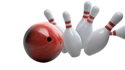 Red Bowling Ball Hitting White Pins on Transparent Background, PNG