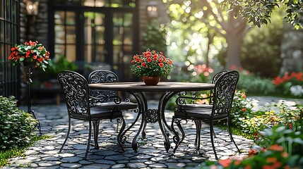 Obraz premium Outdoor cast iron furniture with fresh flowers high resolution picture