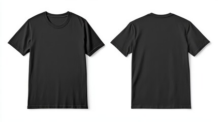 Fototapeta premium T-shirt mockup showing black round neck t-shirt in front and back views. Apparel design template for graphic artists and clothing brands showcasing fashion.